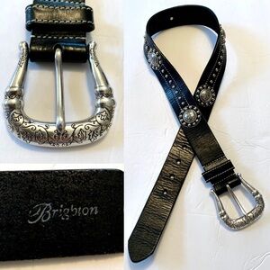 Brighton Black Leather Belt with Silver Conchos and Engraved Buckle